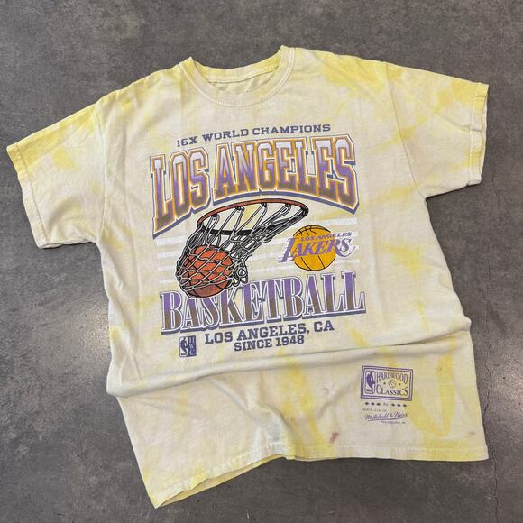 Vintage Y2K Los Angeles Lakers Tie Dye Mitchell & Ness Graphic Yellow Tee M - Picture 1 of 5